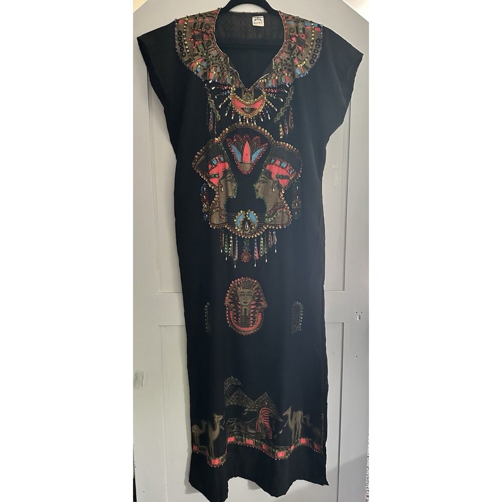 🖤Egyptian Kafkan Dress Black Gold Beaded Sequin Nefertiti Tutankhamun M